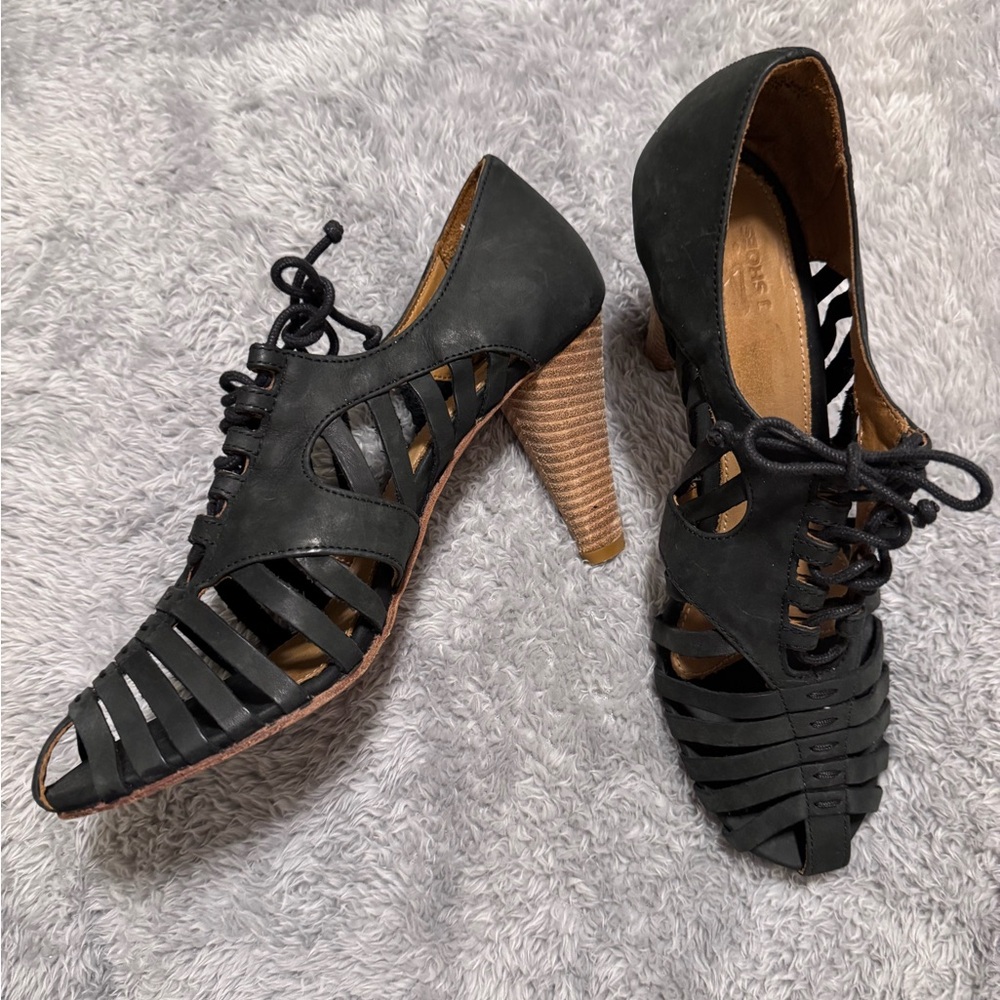 J Shoes Elegant Black Real Leather Laced Heels